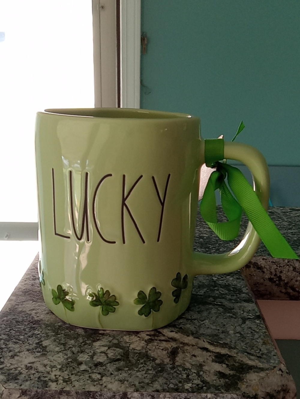 Lucky Green Rae Dunn Ceramic Mug with Shamrock Accent